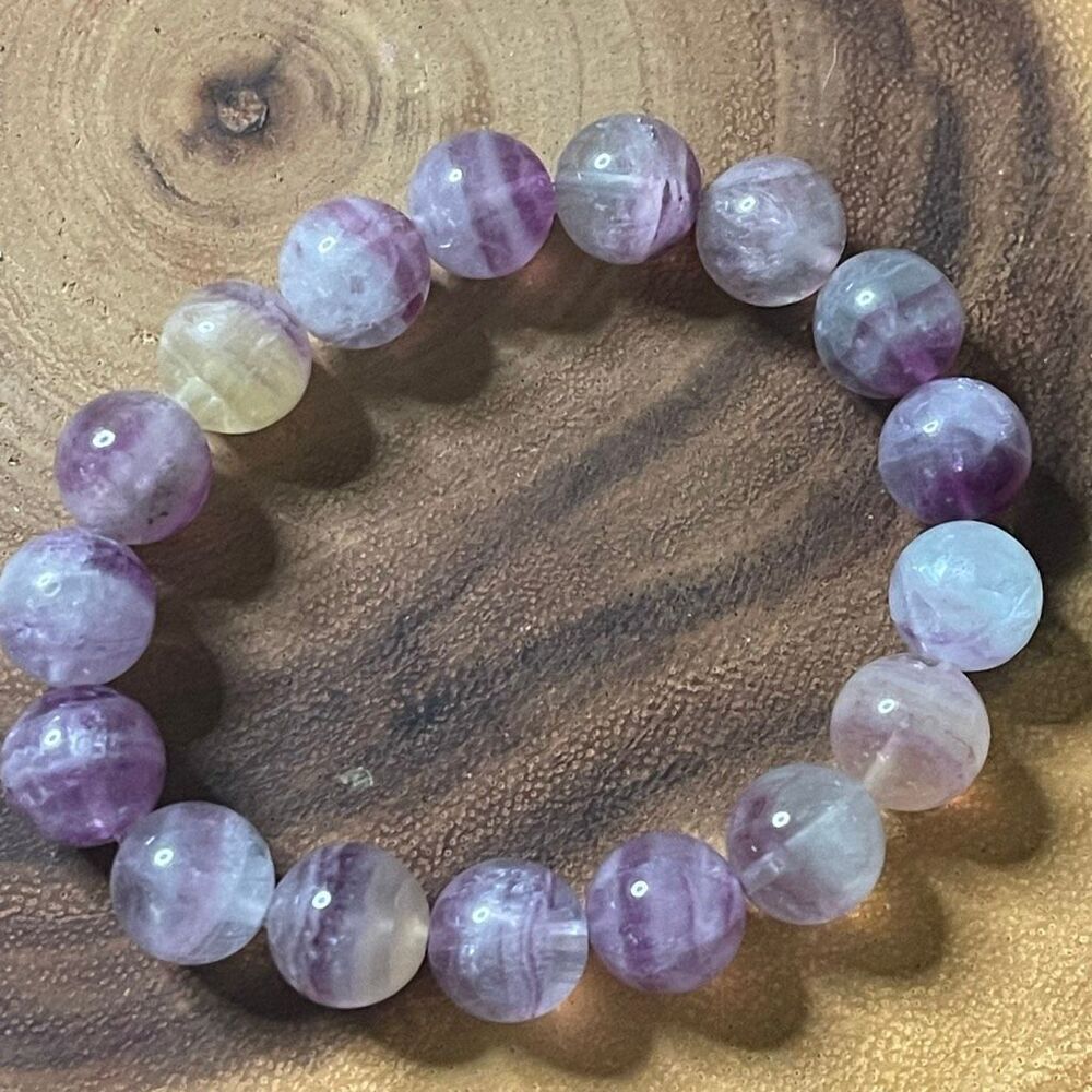 Candy Fluorite bracelet striped layers light rainbow colors stretch 13mm 7.5” na